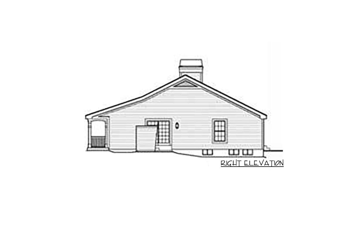 Right elevation house plan drawing showing a single-story home with a gable roof, chimney, porch, sliding door, and windows.