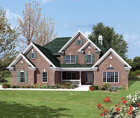House plan exterior featuring red brick, multiple gables, a covered porch, and dark green roof.
