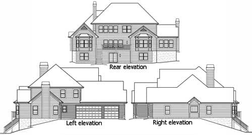 Architectural house plans: rear, left, and right elevation views showing a multi-story home with a three-car garage.