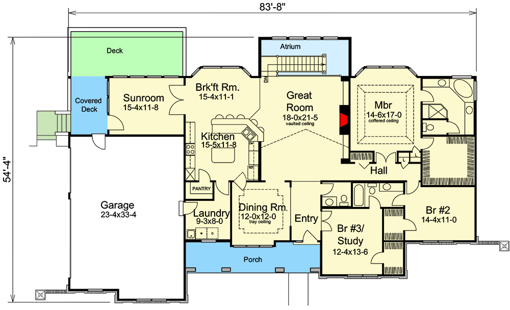 Plan 57155HA: Atrium Ranch Home Plan with Sunroom on a Sloping Lot - 2560 Sq Ft - Floor Plan - Main Level - Ranch, Southern