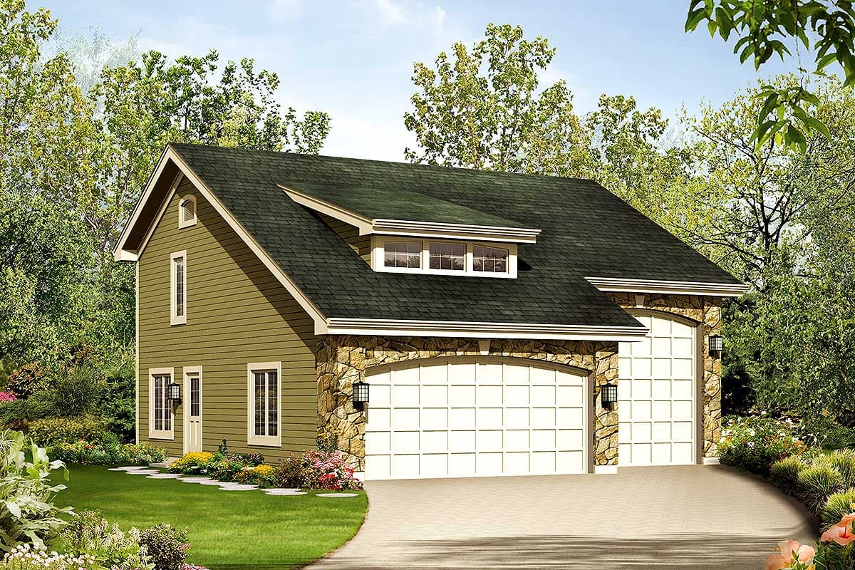 House plan exterior with two stories. Features include a gabled roof, stone accents, and a dormer. Garage faces front.