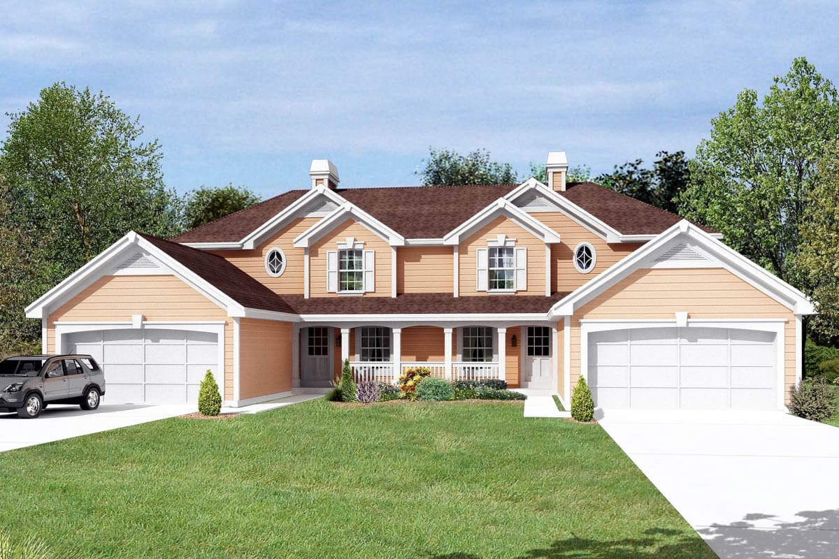 House plan exterior: Yellow siding, two stories, gable dormers, covered porch, and a triple-bay garage.