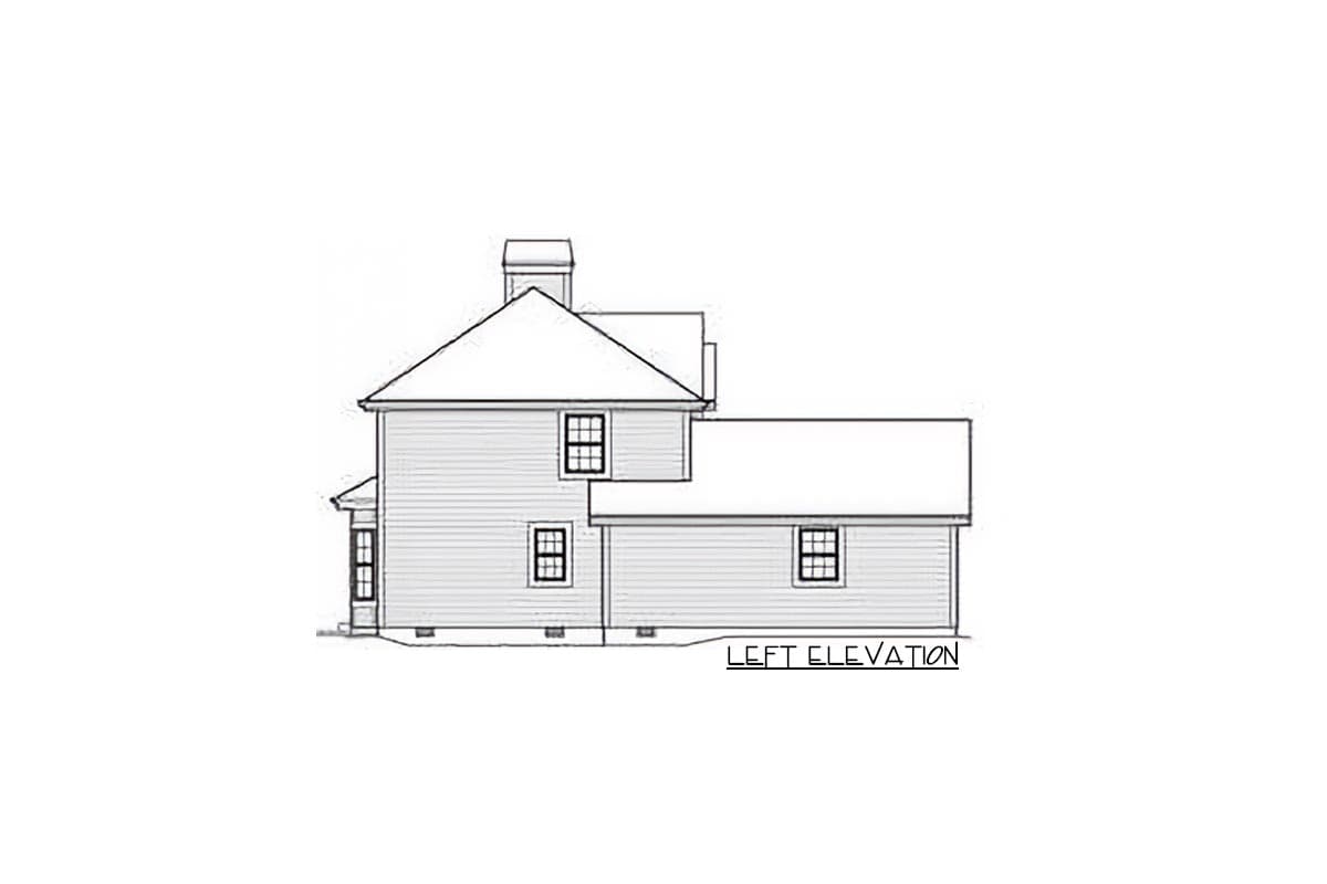 Left elevation drawing of a two-story house with gabled roof, chimney, and multiple windows.
