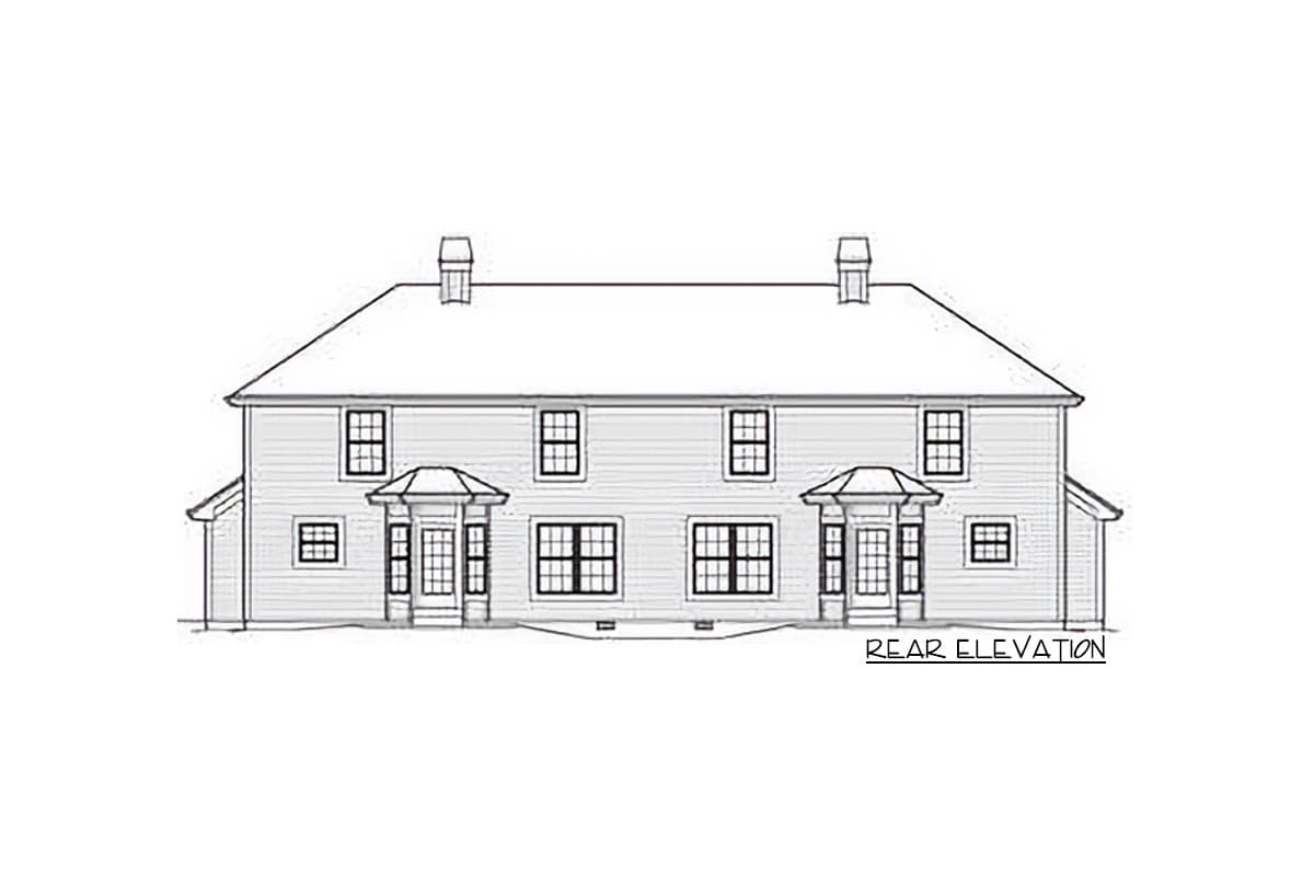 Rear elevation drawing of a two-story house plan with symmetrical entrances, dormers, and chimneys.