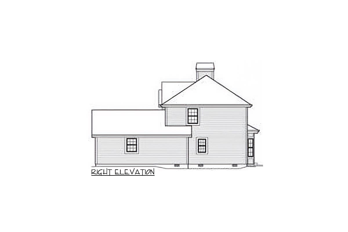 Right elevation drawing of a two-story house plan featuring a prominent gabled roof and chimney.
