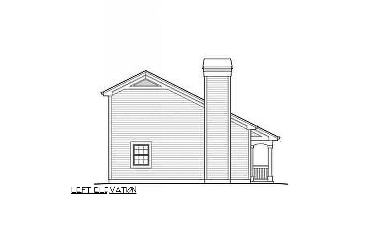 Left elevation drawing of a house plan with a prominent chimney, a single window, and a covered porch with railings.