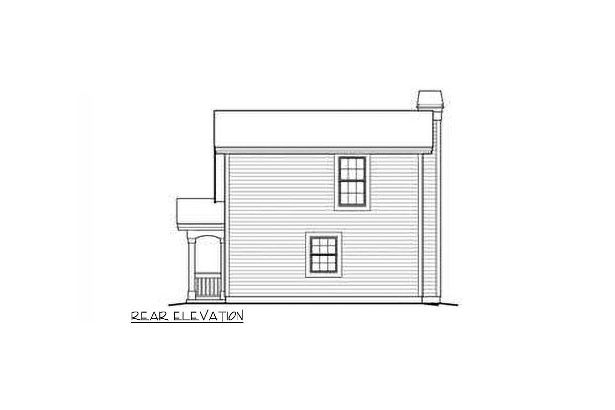 Rear elevation drawing of a two-story house with horizontal siding, two windows on the upper level, one on the lower, and a covered porch.
