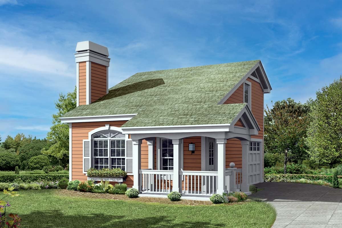House plan exterior: Two-story Cottage style with a covered front porch, prominent chimney, arched window, and attached garage.