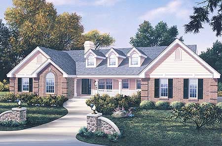 House plan exterior: One-story brick home with gabled dormers, arched window, white porch, and side-facing garage.