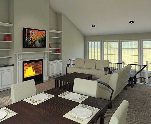 Interior rendering of a great room with fireplace, built-in shelving, sofa, chairs, and dining table.