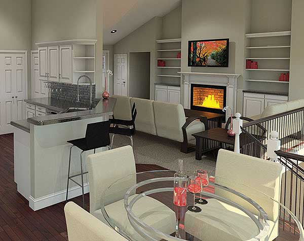 Open concept living area with fireplace, built-in shelves, kitchen island with bar seating, and dining area.