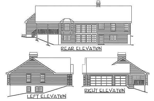 Architectural drawings showing rear, left, and right elevations of a house plan with a two-car garage and multiple windows.