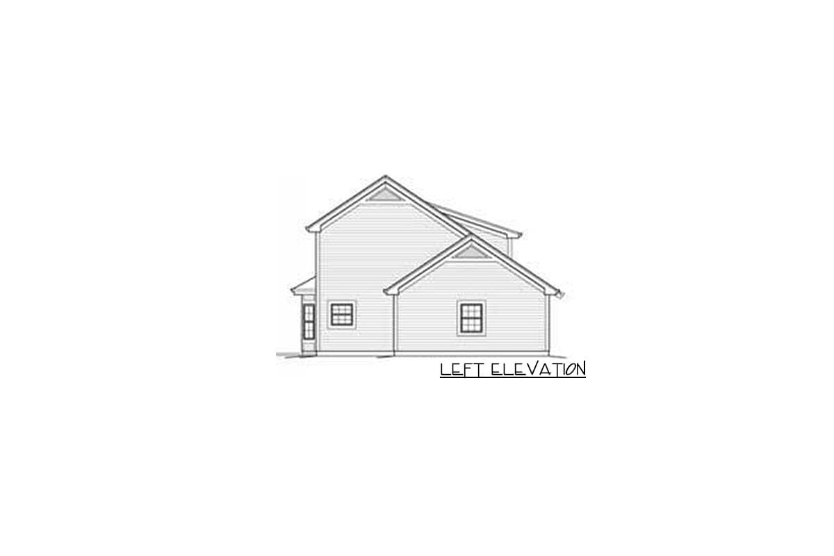 Left elevation drawing of a two-story house with a gable roof and two windows.