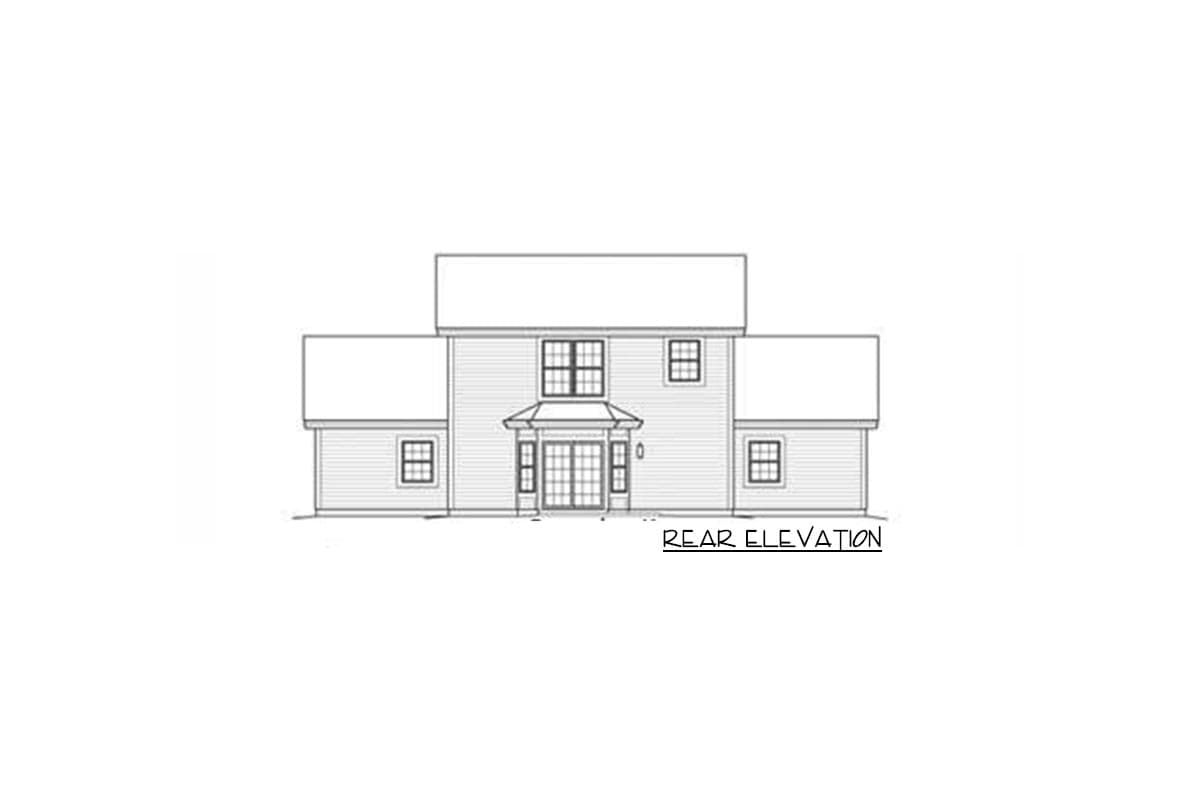Rear elevation drawing of a two-story house with a central covered entry and side wings.