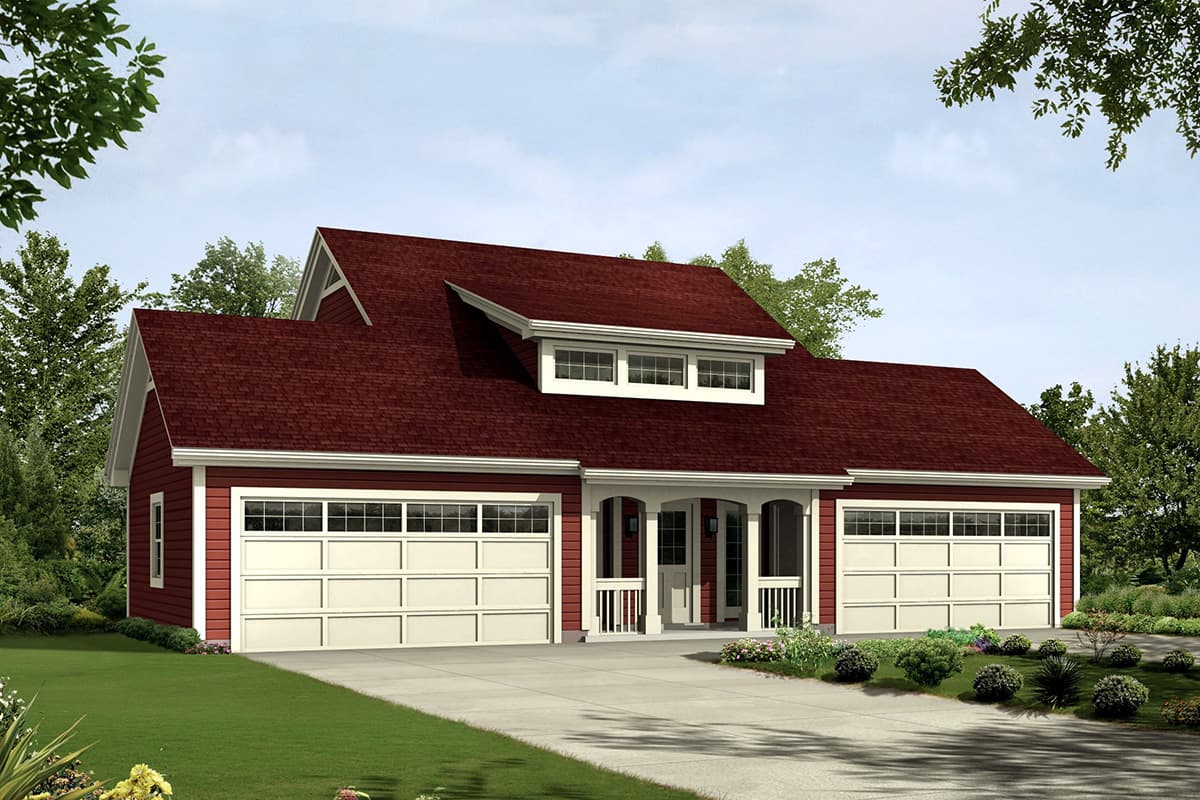 House plan exterior: Red siding, three-car garage, dormer, and covered entry with white columns.