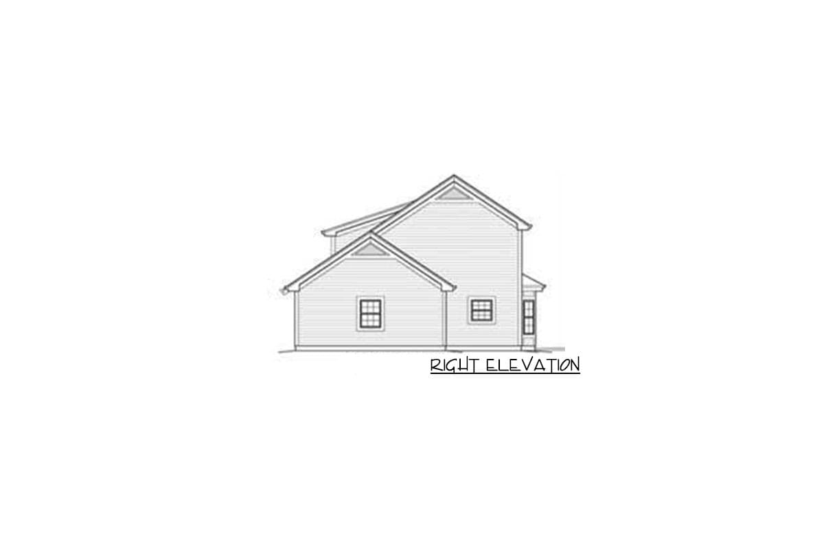 Right elevation drawing of a two-story house plan with gables and double-hung windows.