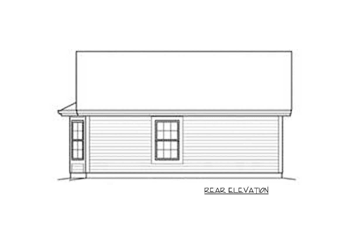 Rear elevation drawing of a house plan showing siding, two windows, and a simple roofline.
