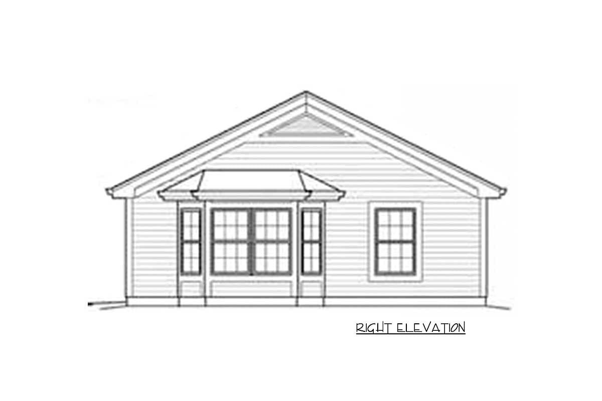 House plan right elevation shows a single-story home with a gable roof, bay window, and a smaller square window.