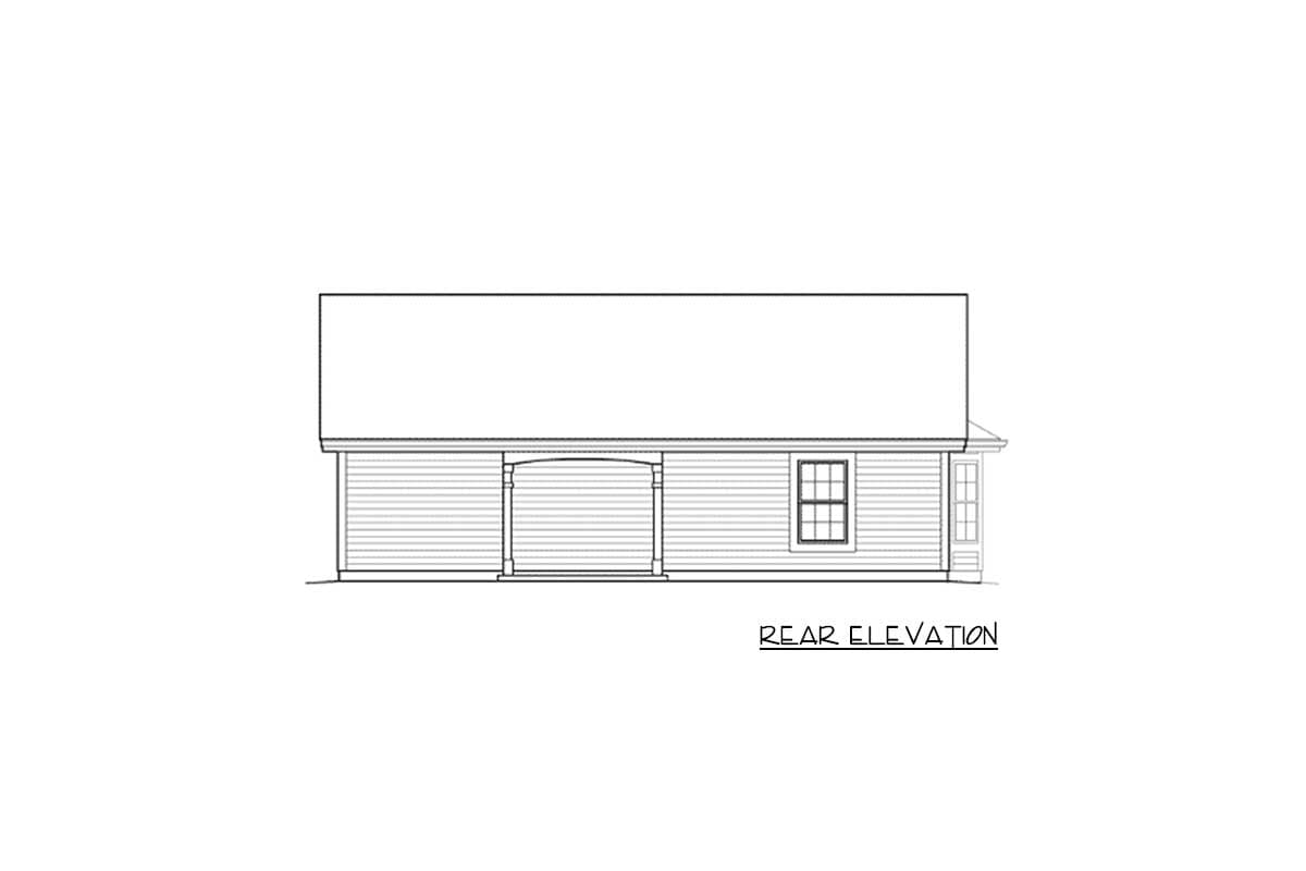 Rear elevation of a house plan showing a covered porch with an arched opening and a multi-pane window.
