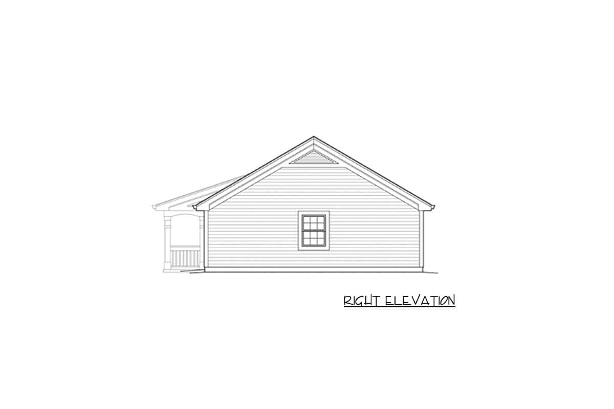 Right elevation drawing of a one-story house plan with a gabled roof, front porch, and a window.