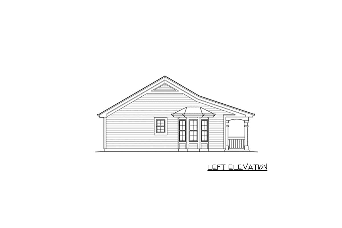 Left elevation drawing of a house plan with a bay window, gable vent, and covered porch with columns.