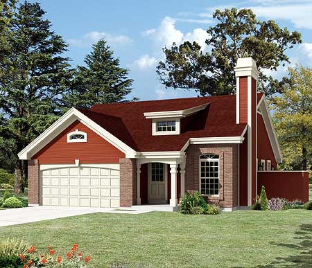 House plan exterior: One-story home with attached garage, prominent gabled dormer, arched window, and brick accents.