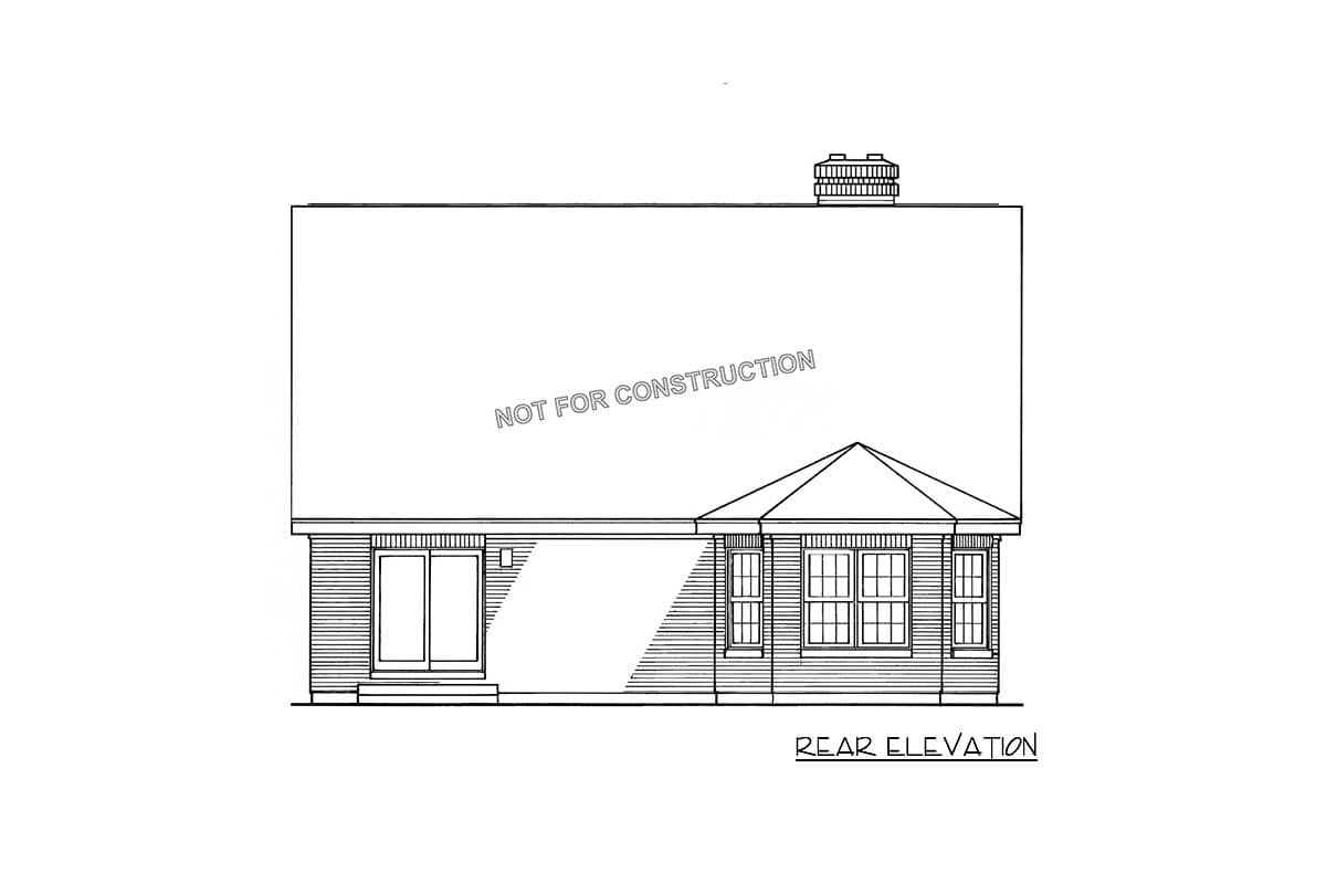 Rear elevation drawing of a house plan featuring sliding doors, a bay window with multiple panes, and a prominent chimney.