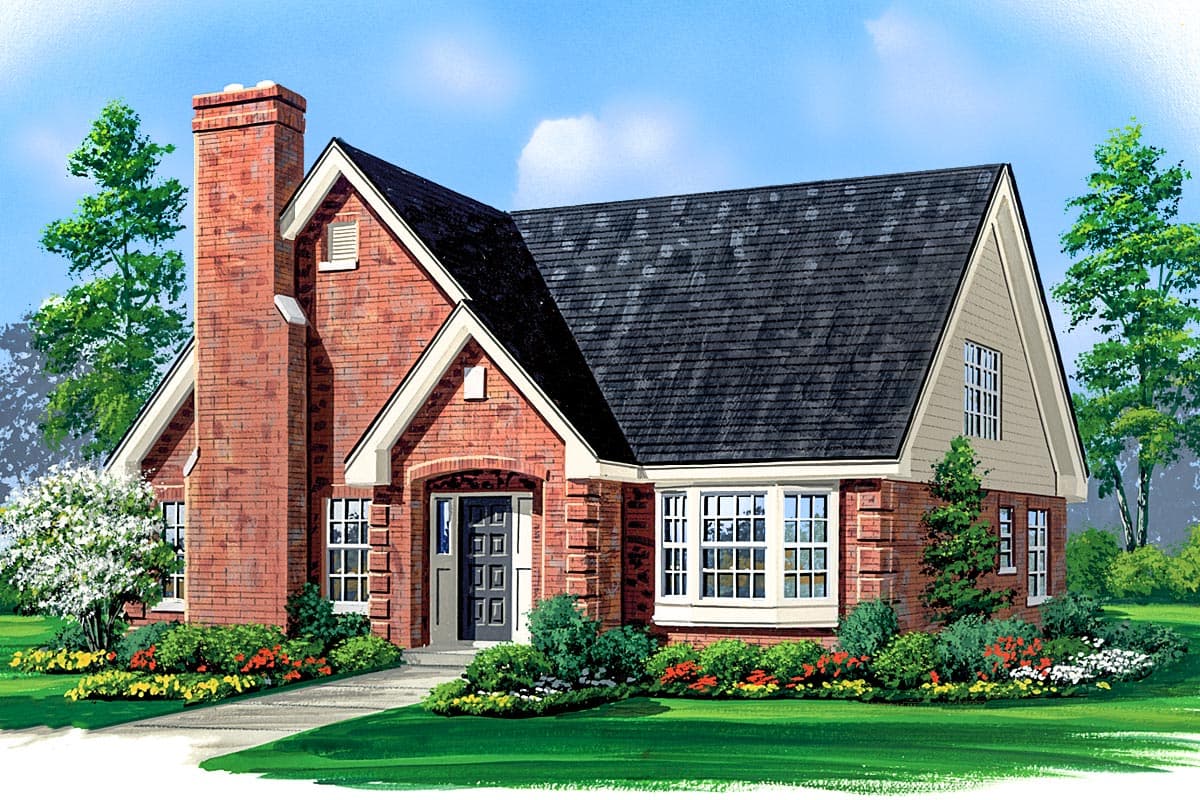 House plan exterior with brick facade, prominent chimney, arched entry, bay window, and gabled dormer.
