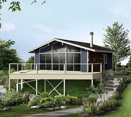 House plan exterior: single-story Modern style house with large windows, wrap-around deck, and stone facade.