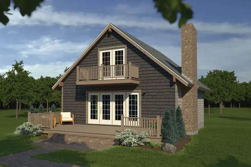 House plan exterior with two stories. Features include a gabled roof, stone chimney, and a deck with railing. Upper-level balcony visible.