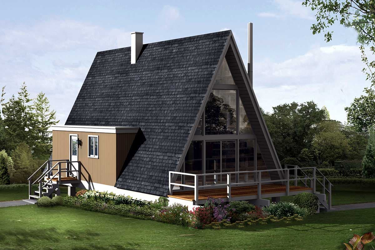 A-frame house plan exterior with large triangular front windows, dark pitched roof, side deck, and adjacent attached room.