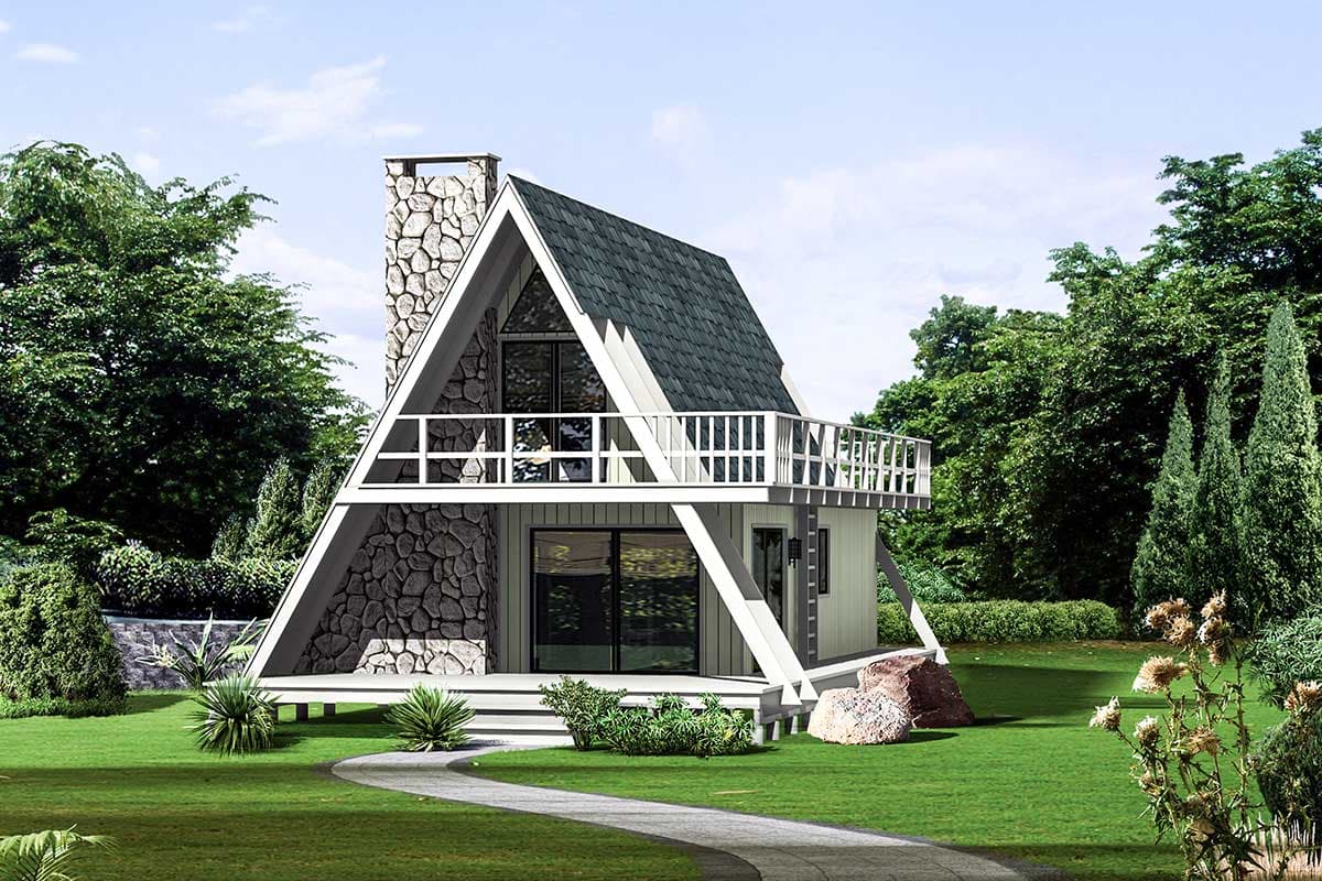House plan exterior of A-frame home with stone chimney, balcony, and sloped roofline.