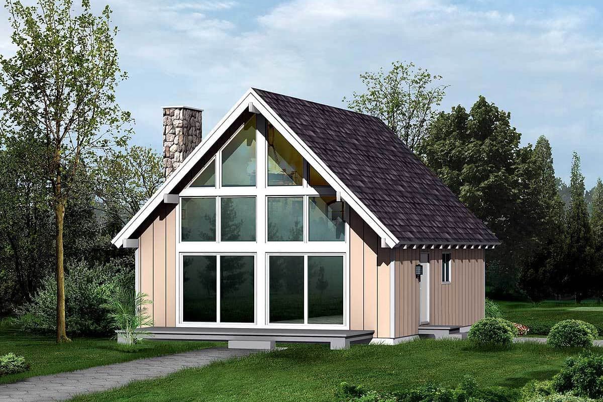 House plan exterior with gable roof, stone chimney, and large multi-pane window wall.