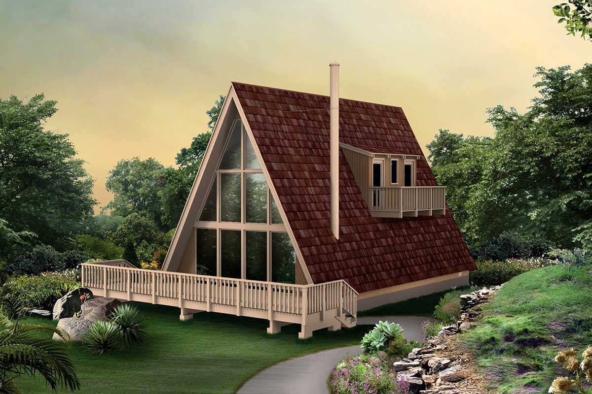 House plan exterior of A-frame home with large front windows, wrap-around deck, balcony, and dormer.
