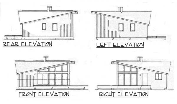 House plan elevations: rear, left, front, and right views showing a modern design with a sloped roof and large windows on the front.