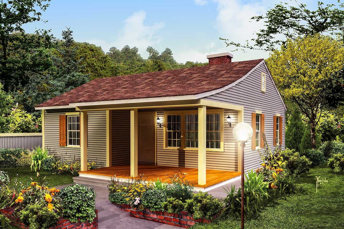 House plan exterior: One-story cottage with covered front porch, gabled roof, and brick chimney.