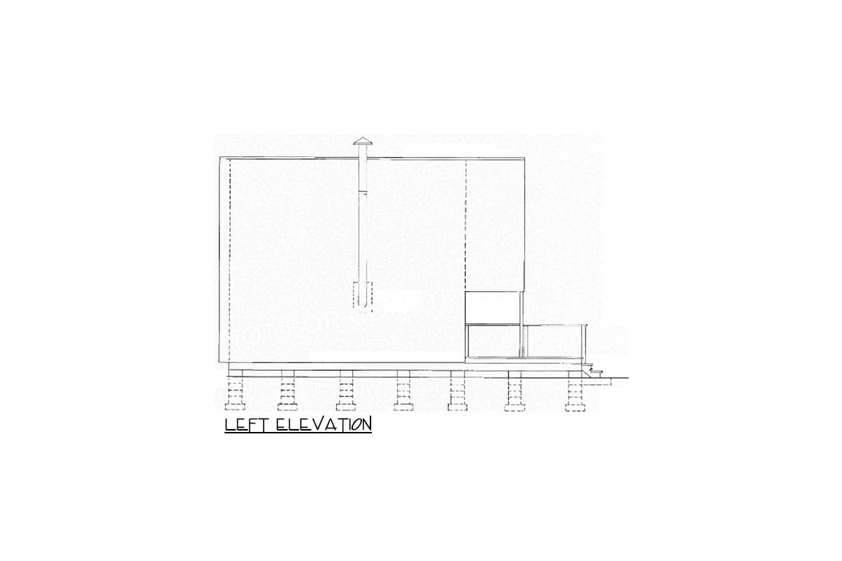 Left elevation drawing of a house plan showing a chimney, a deck with railing, and a foundation.