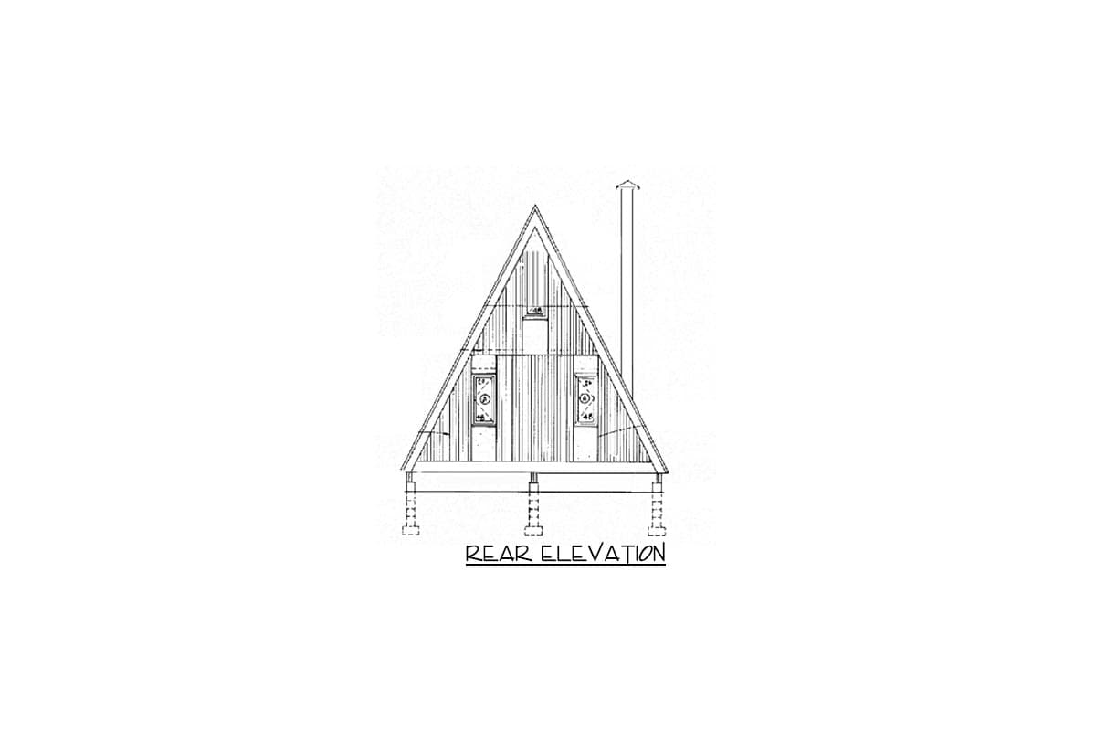 Rear elevation drawing of a triangular house plan on stilts, featuring two windows and a chimney.