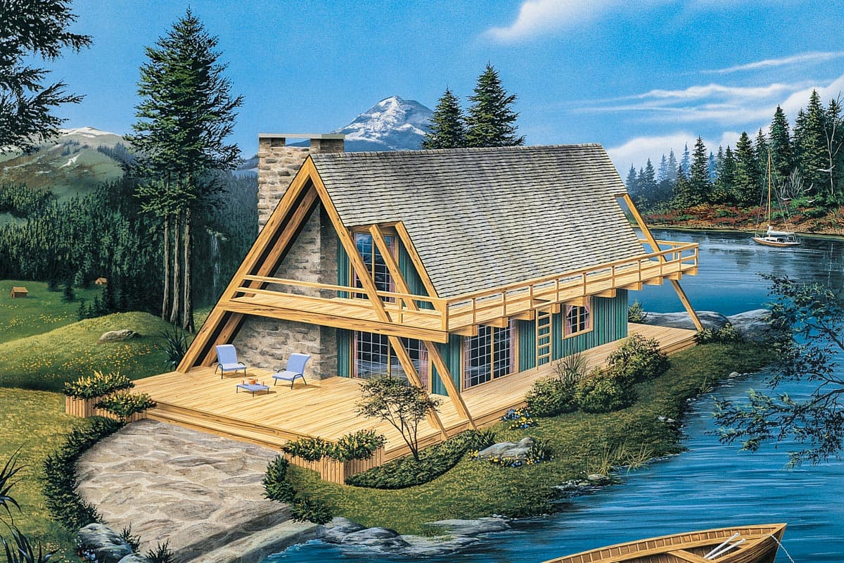 House plan exterior shows a two-story A-frame cabin with a prominent stone chimney, wraparound deck, and large windows.