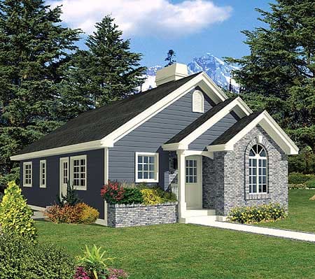 House plan exterior: Single-story home with gabled dormers, a brick facade on the right, and a covered front entrance.