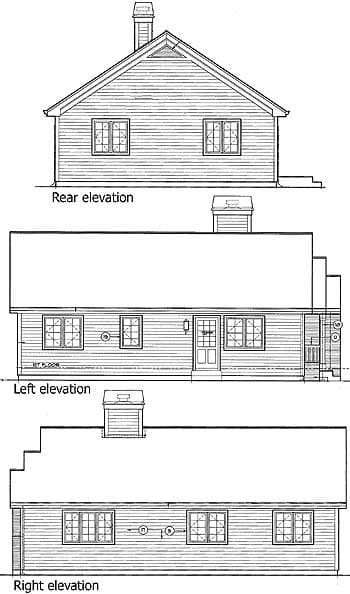 Architectural house plan elevations: rear, left, and right views showing a one-and-a-half story house with gabled roof and chimney.