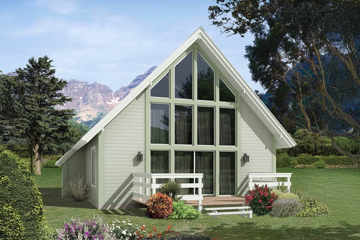 House plan exterior rendering of a one-story A-frame home with a large, multi-pane gable window and white railing porch.