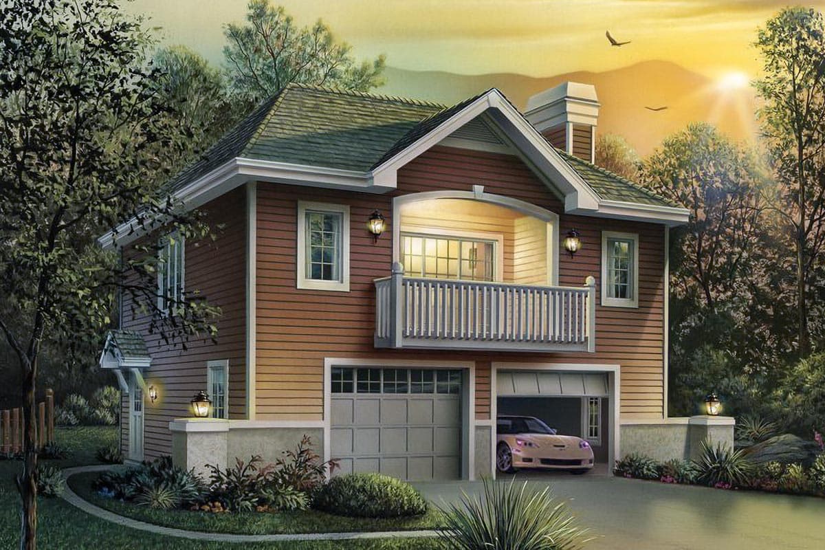 House plan exterior: Two-story home with two-car garage, second-story balcony, and lap siding.