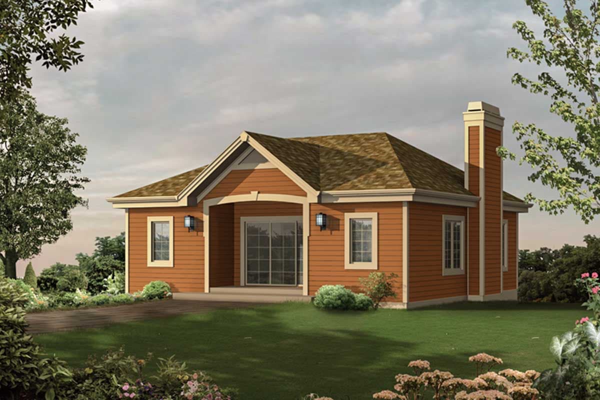 House plan exterior: single-story home with prominent gable, large sliding glass doors, and a tall brick chimney.
