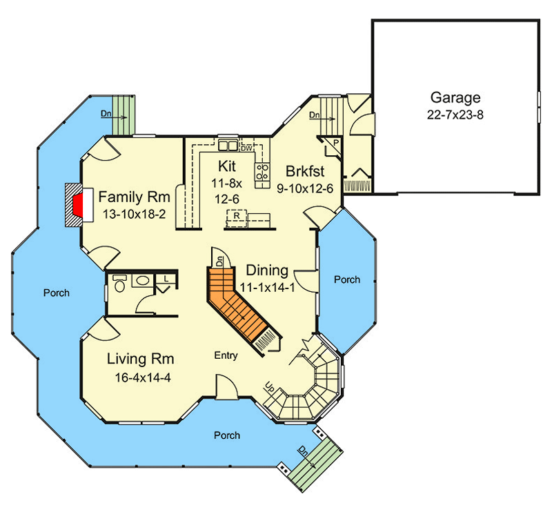 Plan 57217HA: Victorian with Wrap-Around Porch - Floor Plan - Main Level - Country, Victorian