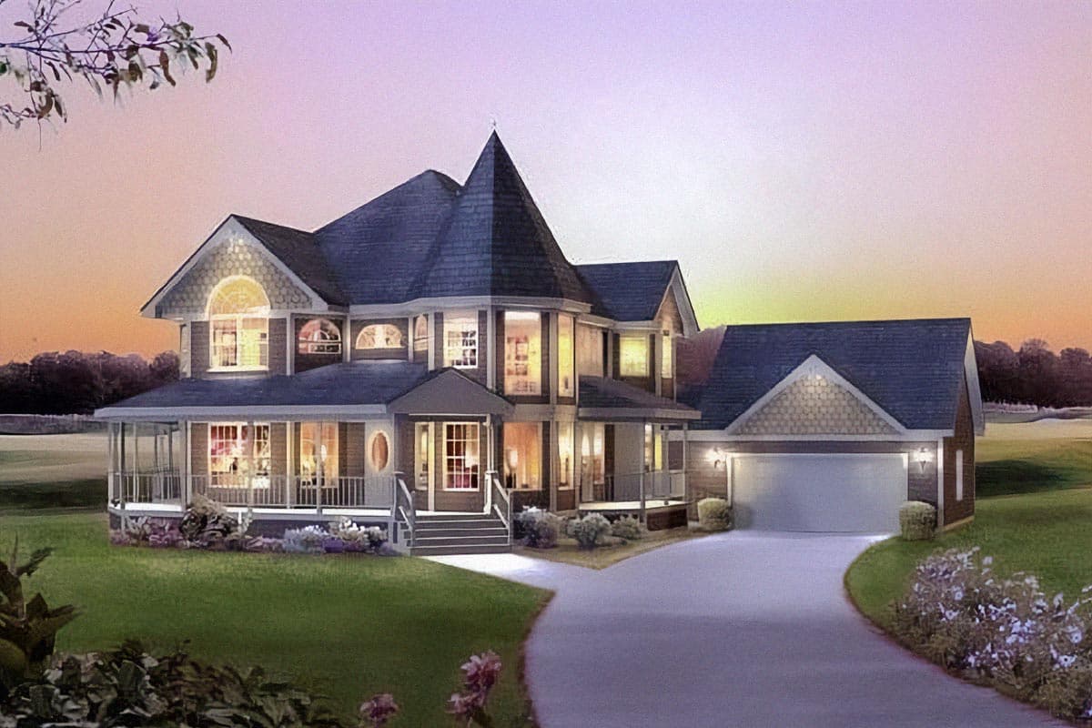 House plan exterior showing a two-story home with a wrap-around porch, prominent turrets, and attached two-car garage.
