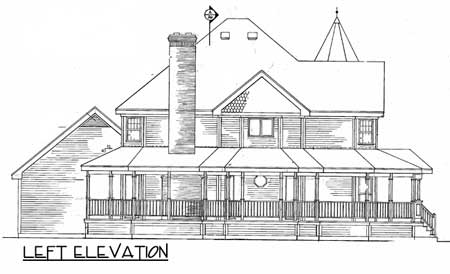 Left elevation drawing of a multi-story house with a wrap-around porch, prominent chimney, and varied rooflines.