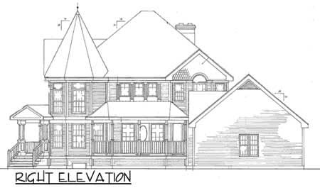 Right elevation house plan: turret, covered porch with balustrade, multiple gables, and chimney.