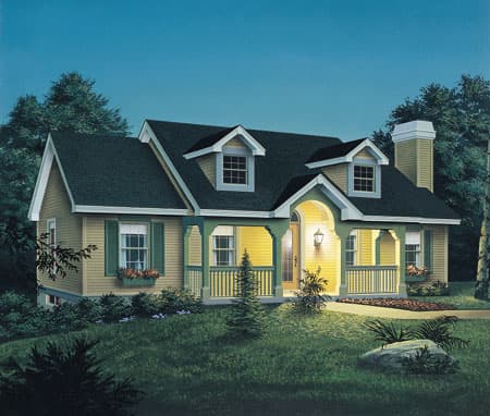 House plan exterior: Ranch style with wrap-around porch, dormers, and prominent chimney.