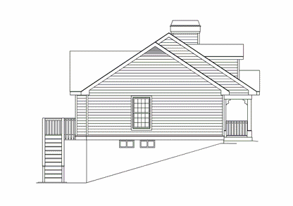 House plan side elevation shows a two-story structure with a prominent gable, a covered porch, and exterior stairs.